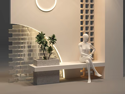 Stylish Window Display With Seated Mannequin Bench Potted Plant Arched Brick Wall And Circular Light 3d model