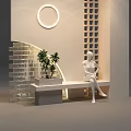 Stylish Window Display With Seated Mannequin Bench Potted Plant Arched Brick Wall And Circular Light
