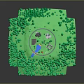 3D Green Landscape Model Surrounded By Forest With Central Circular Area And Small Buildings