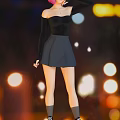 Woman With Pink And Blue Short Hair In Black Off Shoulder Top Night Bokeh Lights