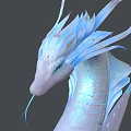 Mythical Reptile 3D Model With White Blue Scales Horns Fins And Long Body
