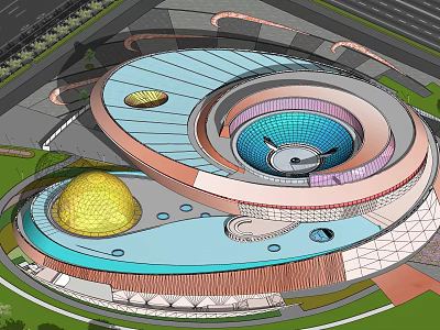 Modern Cultural Center Building Featuring Circular Design Blue Roof And Yellow Dome 3d model