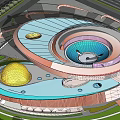 Modern Cultural Center Building Featuring Circular Design Blue Roof And Yellow Dome