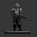 Elegant Detailed 3D Armored Character With Silver Hat And Sword On Circular Sand Base