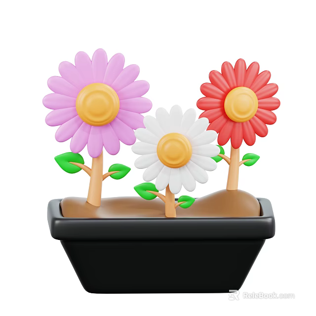 Colorful Potted Flowers With Pink White Red Petals Yellow Center Green Leaves In Black Pot 3d model 