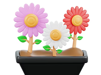 Colorful Potted Flowers With Pink White Red Petals Yellow Center Green Leaves In Black Pot 3d model