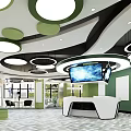 Modern Reception Area With Green Circular Desks Colorful Square Walls Circular Lights And Geometric Flooring