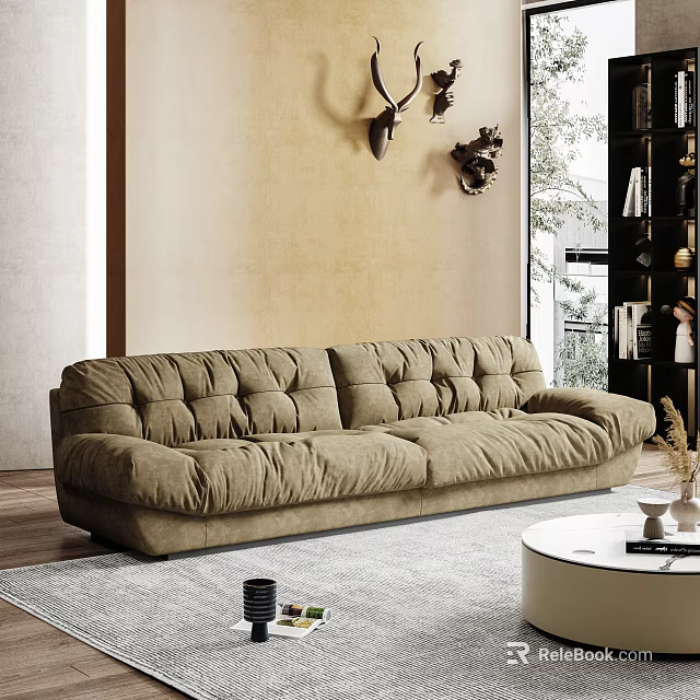 Double Sofa Plush Beige Fabric For Cozy Modern Living Room With Bookshelf And Natural Light 3d model 