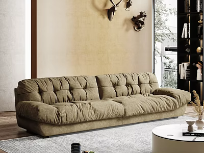 Double Sofa Plush Beige Fabric For Cozy Modern Living Room With Bookshelf And Natural Light 3d model