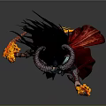 Demonic Fantasy Woman with Horns Flaming Wings and Fiery Weapon in Dark Outfit