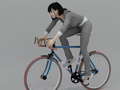 Woman In Gray Sportswear Riding Blue Bicycle With Red Rims On Gray Background 3d model
