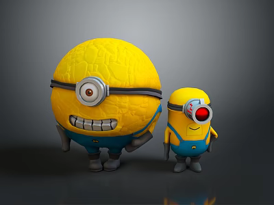Large And Small Yellow Minions With Blue Overalls And Single Eye Features 3d model