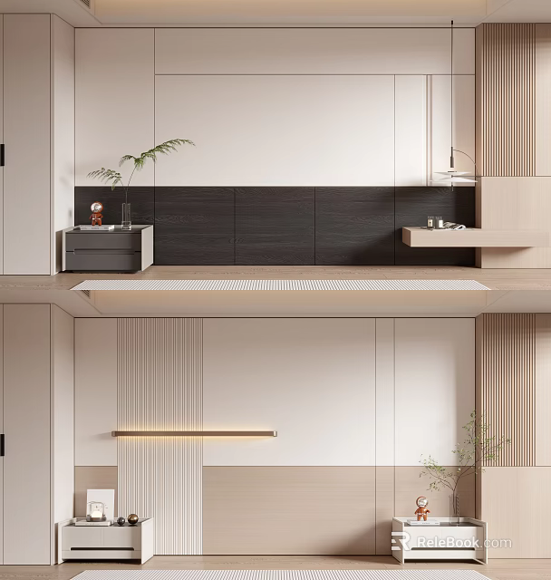 Modern Minimalist Sofa Backdrop Wall Design With Storage Greenery And Lighting 3d model