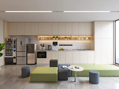 Modern Living and Dining Area With Light Colored Cabinets Green Gray Seating And Lighting Strips 3d model
