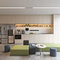 Modern Living and Dining Area With Light Colored Cabinets Green Gray Seating And Lighting Strips