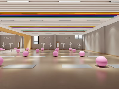 Spacious Yoga Fitness Studio With Yoga Mats Pink Exercise Balls And Dance Silhouettes 3d model