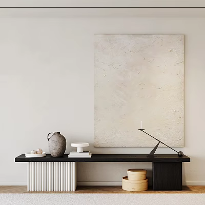 Minimalist Modern TV Stand With Vase Books And Candle Holder Against Large Abstract Painting 3d model