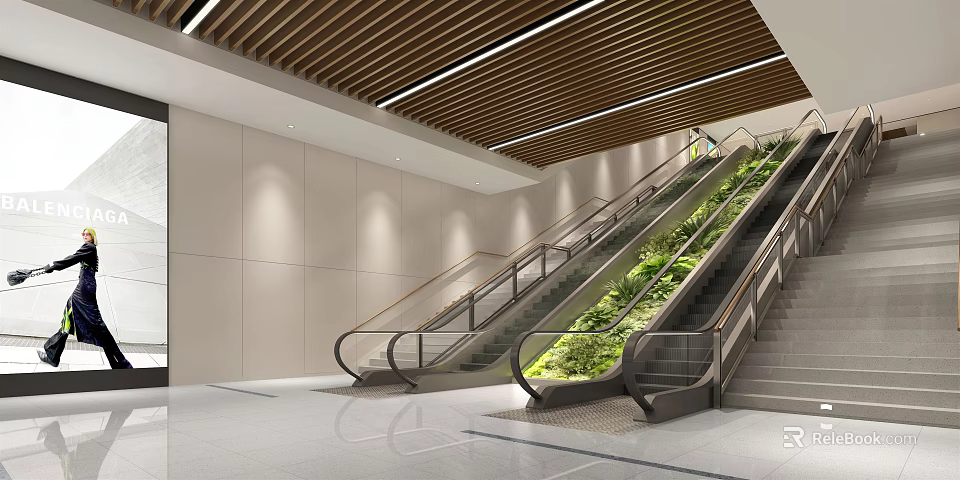 Modern Shopping Mall Lobby Interior Featuring Escalators Living Plant Wall And Wooden Ceiling 3d model 