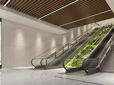 Modern Shopping Mall Lobby Interior Featuring Escalators Living Plant Wall And Wooden Ceiling 3d model