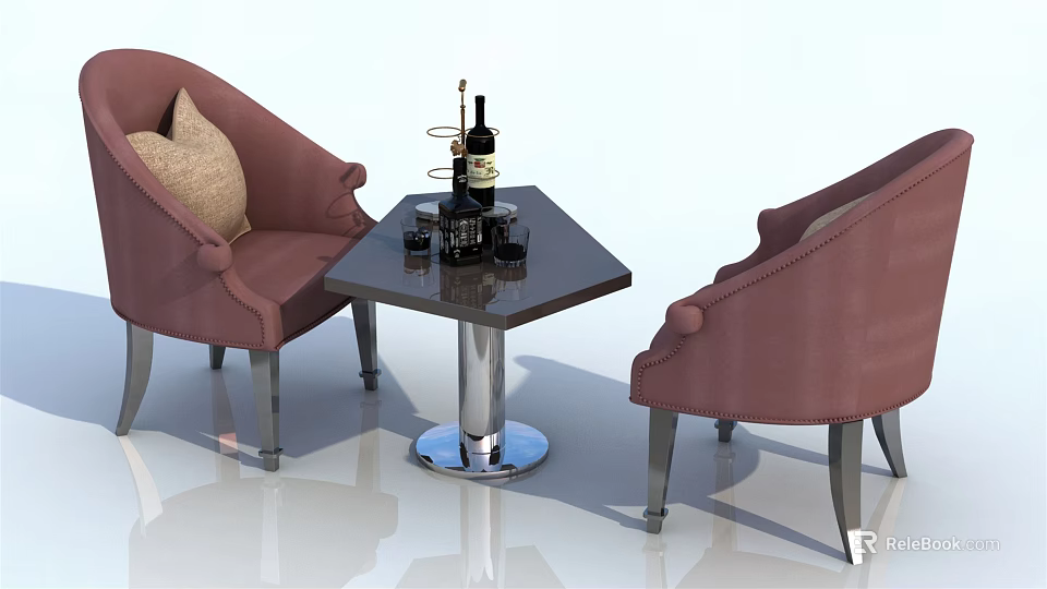 Leisure Sofa Set With Maroon Velvet Upholstered Chairs Metal Legs And Triangular Coffee Table 3d model 