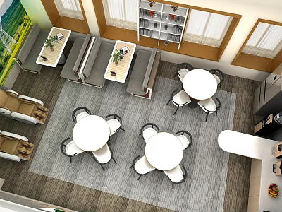 Comfortable Lounge Area Interior With Round White Tables Chairs Long Sofas And Bookshelves 3d model