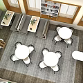 Comfortable Lounge Area Interior With Round White Tables Chairs Long Sofas And Bookshelves