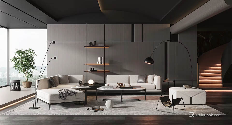 Elegant Modern Living Room Interior With Sofa Coffee Table Floor Lamp And Shelves 3d model 