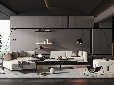 Elegant Modern Living Room Interior With Sofa Coffee Table Floor Lamp And Shelves 3d model