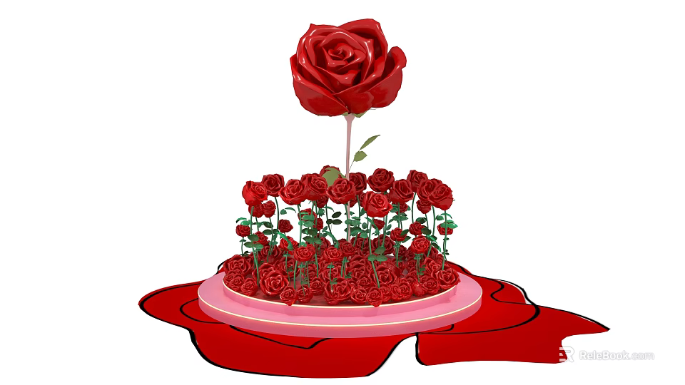 Floral Display Featuring Large Red Rose Centerpiece with Surrounding Red Roses on Circular Pink Platform 3d model 