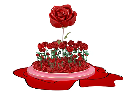 Floral Display Featuring Large Red Rose Centerpiece with Surrounding Red Roses on Circular Pink Platform 3d model