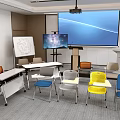 Modern School Classroom Setup With Large Screen Podium Whiteboard And Colorful Chairs