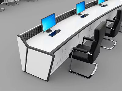 Monitoring Room Interior With Console Desk Multiple Computer Monitors And Black Chairs 3d model