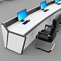 Monitoring Room Interior With Console Desk Multiple Computer Monitors And Black Chairs