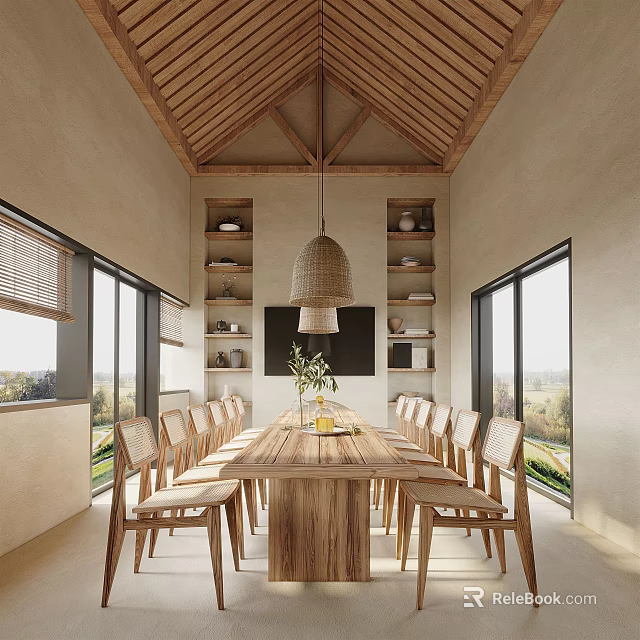 Cozy Restaurant With Wooden Dining Table Chairs Sloped Ceiling Pendant Light Large Windows And Wooden Shelves 3d model 