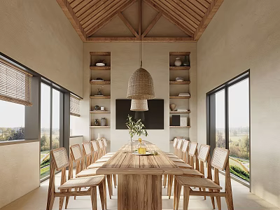 Cozy Restaurant With Wooden Dining Table Chairs Sloped Ceiling Pendant Light Large Windows And Wooden Shelves 3d model