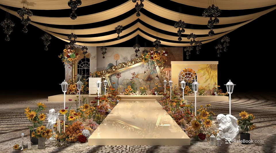 Elegant Wedding Banquet Hall With Golden Decorations Flowers Chandeliers Stage And Carpet 3d model 