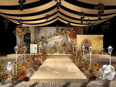 Elegant Wedding Banquet Hall With Golden Decorations Flowers Chandeliers Stage And Carpet 3d model
