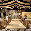 Elegant Wedding Banquet Hall With Golden Decorations Flowers Chandeliers Stage And Carpet