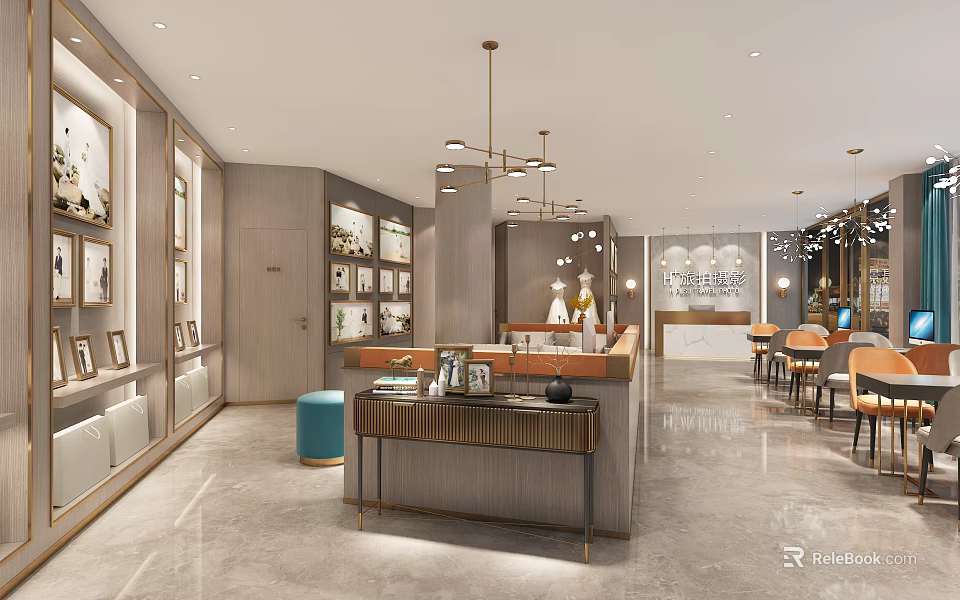 Modern Bridal Shop Interior With Wedding Dress Displays Reception Desk And Decorative Paintings 3d model 