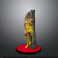Woman in Yellow Dress and Boots Leaning Against Tree Stump on Red Circular Platform