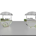 White Utility Cart with Canopy Green Plants Bottled Items and Green Wheels Mobile Vendor Stand
