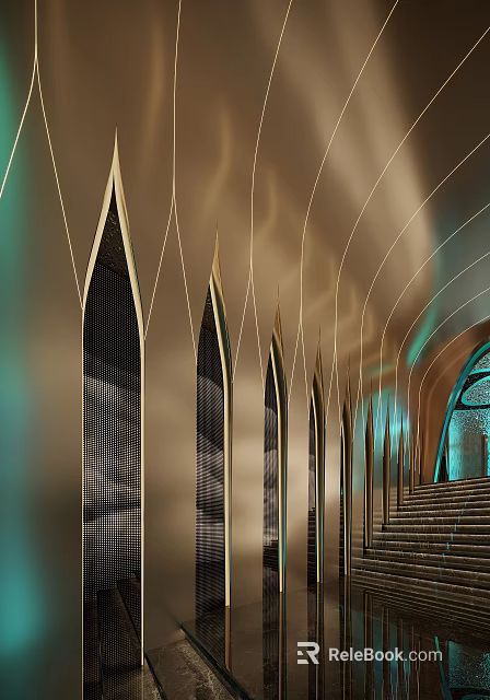 Elegant Hotel Corridor With Arch Shaped Structures And Warm Ambient Lighting 3d model 