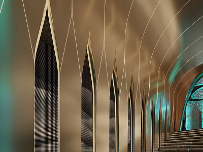 Elegant Hotel Corridor With Arch Shaped Structures And Warm Ambient Lighting 3d model