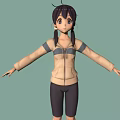 3D Character Three Angles View Showing Purple Hair Hoodie Shorts And Blue Sneakers