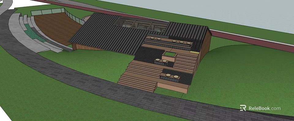 Garden Landscape Design With Wooden Structure Black Roof Steps And Paved Green Area 3d model 