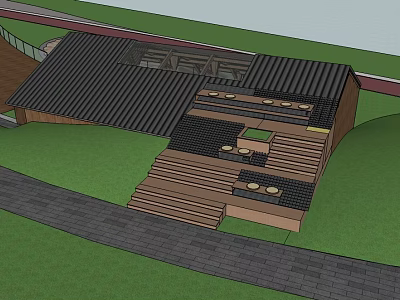 Garden Landscape Design With Wooden Structure Black Roof Steps And Paved Green Area 3d model