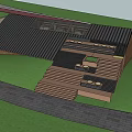 Garden Landscape Design With Wooden Structure Black Roof Steps And Paved Green Area