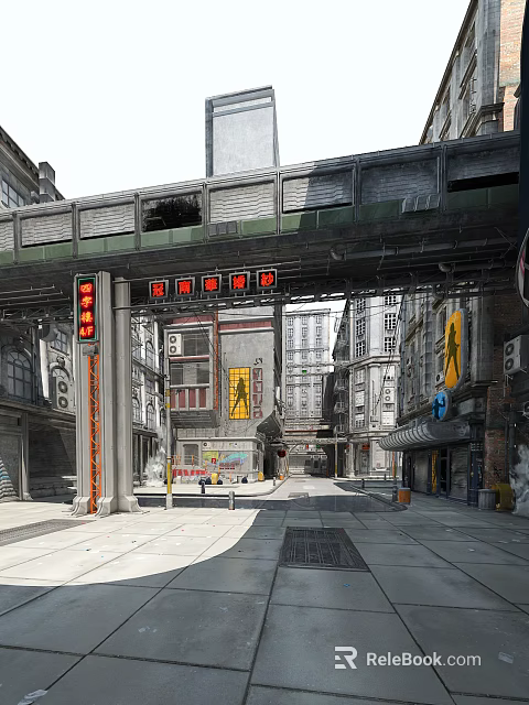 Vibrant Urban Commercial Street With Overpass Traffic Lights Tall Buildings And Pedestrian Signs 3d model 