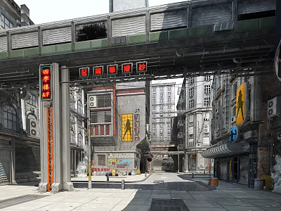 Vibrant Urban Commercial Street With Overpass Traffic Lights Tall Buildings And Pedestrian Signs 3d model