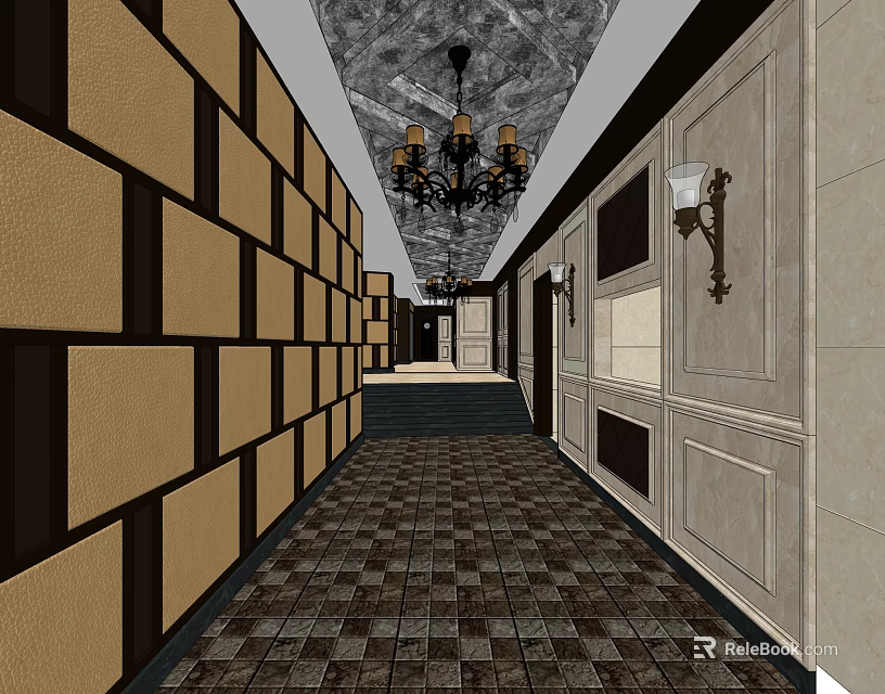Elevator Hallway Interior With Paneled Walls Chandelier And Checkerboard Patterned Floor 3d model